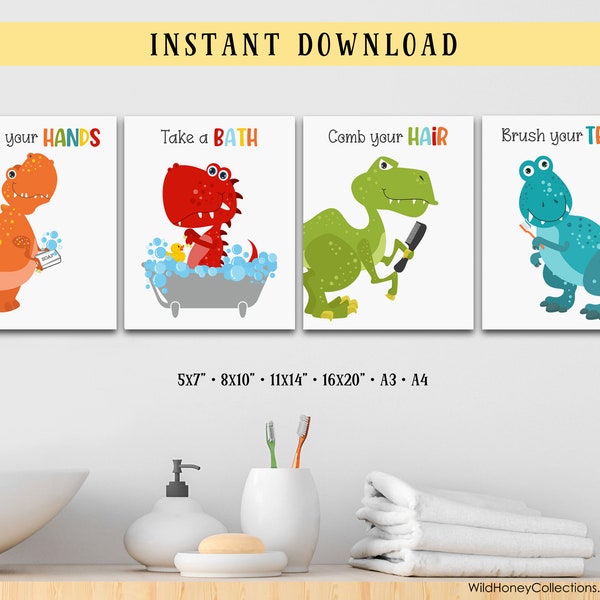 Kids Dinosaur Bathroom Set, Printable Wall Art, Set of 4, INSTANT DIGITAL DOWNLOAD