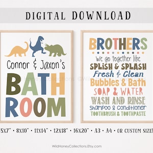 Personalized Dinosaur Bathroom, Brothers, Printable Decor, Custom Colors, Kids Bathroom, DIGITAL DOWNLOAD