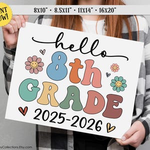 Hello 8th Grade, First Day of 8th Grade, Printable School Sign, Retro, Photo Prop, Girl, INSTANT DIGITAL DOWNLOAD