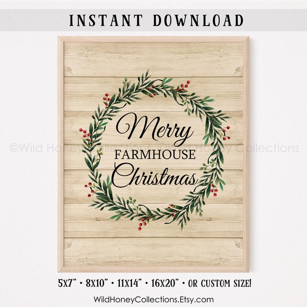 Merry Farmhouse Christmas, druckbare Wanddeko, rustikale Bauernhaus Wandkunst, JPG, PDF und PNG Dateien, sofortiger digitaler Download
