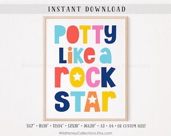 Orinal como una estrella de rock, colorida decoración imprimible del baño para niños, DESCARGA DIGITAL INSTANTÁNEA