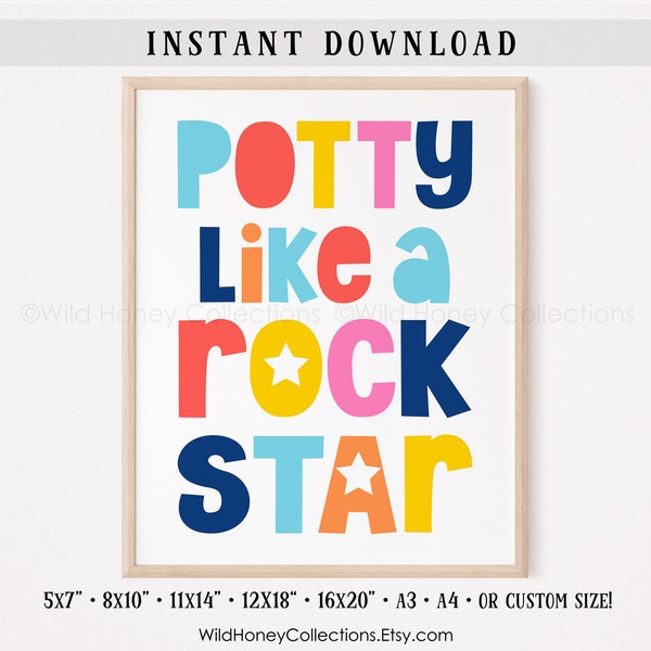 Potty Like A Rock Star, Colorful Kids Bathroom Printable Decor, INSTANT DIGITAL DOWNLOAD