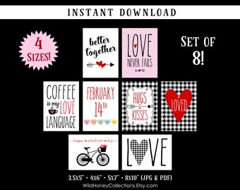 Printable Valentine's Day Decor, Set of 8, Farmhouse Valentine, Gingham, Coffee Bar, Tiered Tray Decor, INSTANT DIGITAL DOWNLOAD