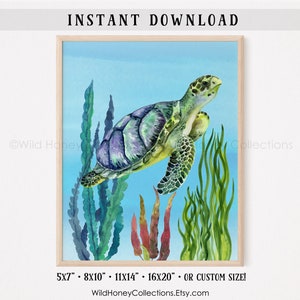 Sea Turtle Printable Wall Art, Coastal Decor, Watercolor Sea Turtle ...