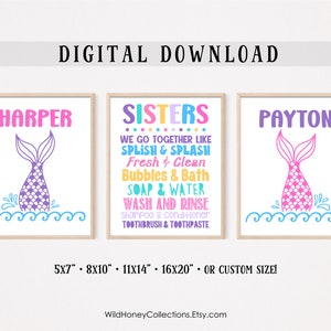 Sisters Mermaid Bathroom Wall Art, Personalized Printables, Set of 3, Mermaid Tails, DIGITAL DOWNLOAD