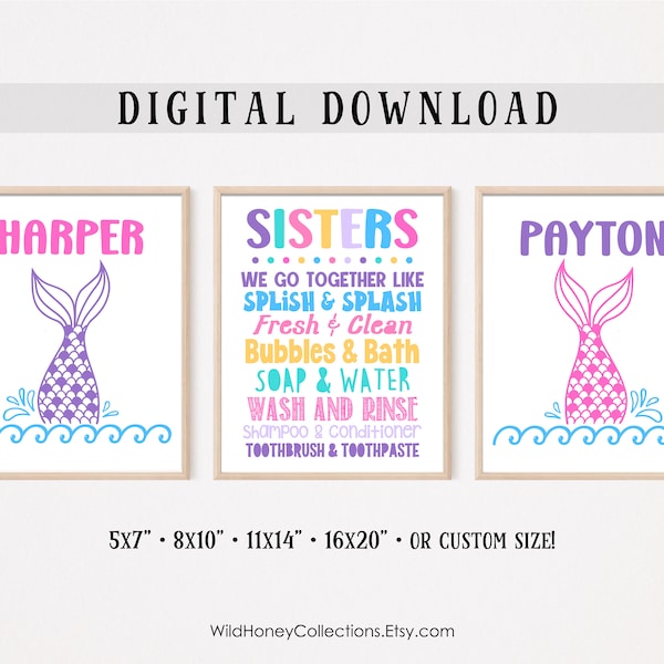 Sisters Mermaid Bathroom Wall Art, Personalized Printables, Set of 3, Mermaid Tails, DIGITAL DOWNLOAD