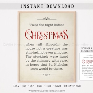 Twas The Night Before Christmas Print, Christmas Printable, Vintage Christmas Decor, Farmhouse Christmas Wall Art, INSTANT DIGITAL DOWNLOAD