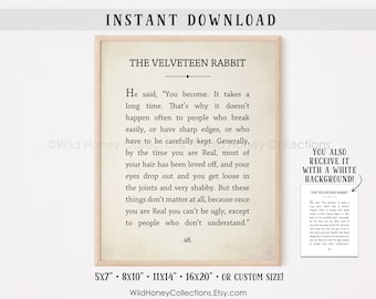 The Velveteen Rabbit, Book Page Printable, Quote, Literature, Vintage Background, White Background, INSTANT DOWNLOAD