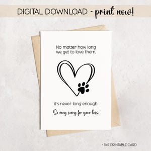 May include: A sympathy card with a heart and paw print design. The card reads "No matter how long we get to love them, it's never long enough. So very sorry for your loss." The card is a 5x7 printable card.