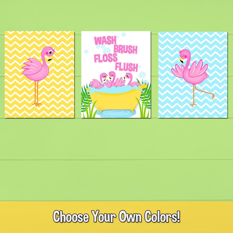 Cute Flamingos Kids Bathroom Printable Wall Decor Set of 3 Etsy
