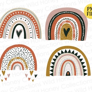 May include: Four colorful rainbow designs with various patterns and heart accents. The rainbows feature shades of brown, pink, gold, and green. The top right corner has a yellow sticker that says "PNG FILE".