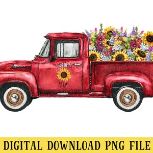 Camion rosso vintage, girasoli, acquerello, file PNG, lavorazione, sublimazione, DOWNLOAD immediato