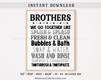 Brothers Bathroom Sign, We Go Together Like, Black & Gray, Printable Decor, Custom Colors, INSTANT DIGITAL DOWNLOAD
