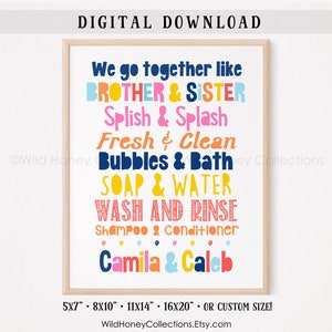 Personalized Brother & Sister Bathroom Art, Printable Decor, We Go Together, Colorful Bathroom Decor, DIGITAL DOWNLOAD