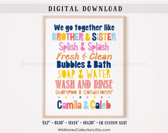 Personalized Brother & Sister Bathroom Art, Printable Decor, We Go Together, Colorful Bathroom Decor, DIGITAL DOWNLOAD