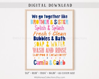 Personalized Brother Sister Bathroom Art: Colorful Decor (Digital Download)