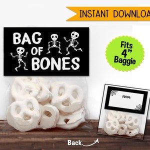 Bag Of Bones, Printable Snack Bag Treat Topper, Skeleton Bones, Halloween Party Favor, Trick Or Treat,  INSTANT DIGITAL DOWNLOAD