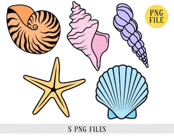Conchiglie, File PNG, Pastelli, Stelle marine, Costiere, Sublimazione, DOWNLOAD IMMEDIATO