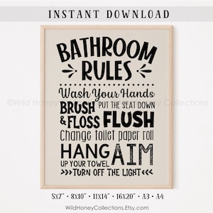 Bathroom Rules Sign, Printable Bathroom Wall Art, Kids Bathroom, Beige ...