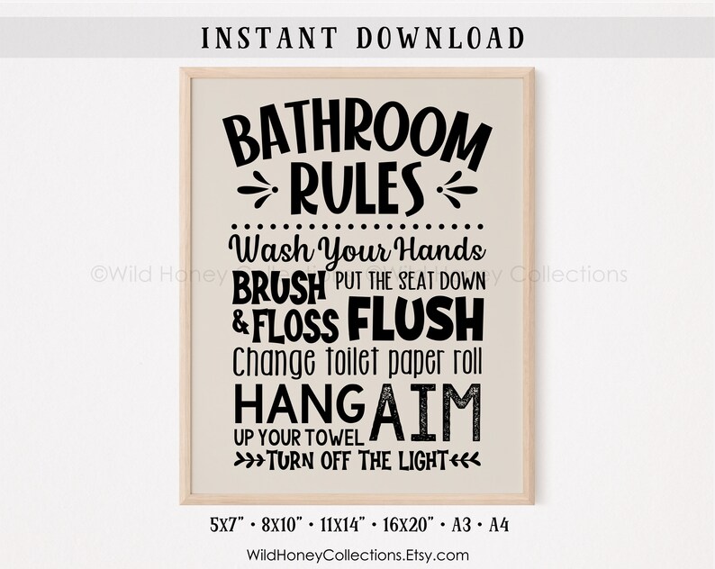 Bathroom Rules Sign Printable Bathroom Wall Art Kids Etsy