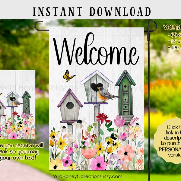 Welcome Birdhouses Garden Flag Design, Bird, Butterfly, Sublimation Graphics, Printable Art, JPG, PNG, Instant Digital Download