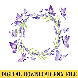 Purple Butterflies and Lavender Wreath, PNG File, Transparent File, Sublimation, Crafting, INSTANT DOWNLOAD