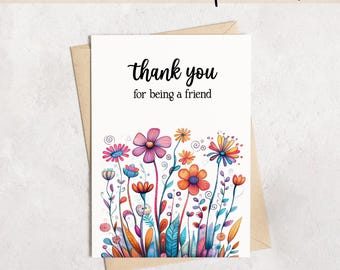 Tarjeta imprimible de 5x7 "Gracias por ser mi amigo" / Diseño de flores silvestres caprichosas / Tarjeta de amistad / DESCARGA DIGITAL