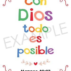 May include: Colorful typography with the text "Con Dios todo es posible" and the scripture reference "Marcos 10:27".