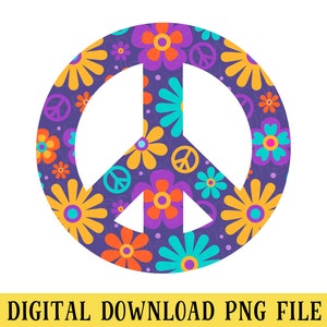 Flower Power Peace Sign PNG: Retro Hippie Design (Digital Download)