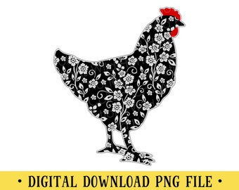 Black & White Floral Chicken, Farmhouse, PNG File, Crafting, Sublimation, Chicken Clip Art, INSTANT DOWNLOAD