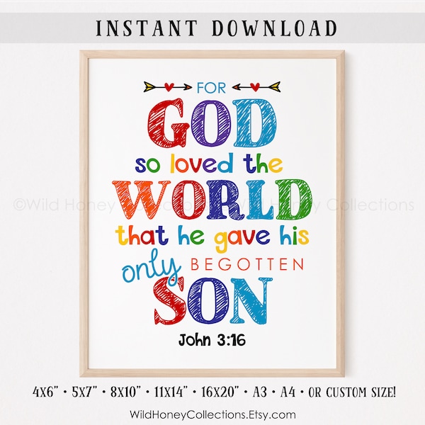 For God So Loved The World, John 3:16 , Kid Room Printable Wall Art, Rainbow Colors, Bright Colors, Playroom, INSTANT DOWNLOAD
