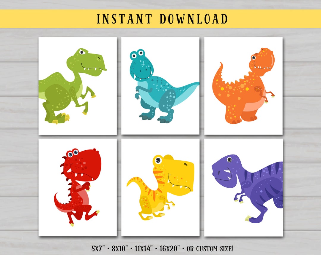 Dinosaur Wall Art, Printable Decor, Kids Room, Colorful Dinosaurs, Set