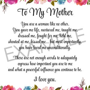 Mom Poem, to My Mother, Printable Gift for Mom, Mother's Day Gift ...