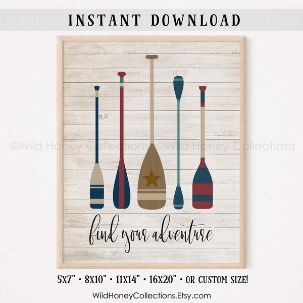 Printable Beach Sign, Find Your Adventure, Oars, Paddles, SUP, Canoeing, Boating, Rustic Beach Decor, INSTANT DOWNLOAD