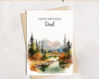 Biglietto di auguri stampabile per papà / Montagne, ruscelli, alberi con disegno ad acquerello / Biglietto di auguri 5x7 / DOWNLOAD DIGITALE