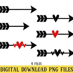 May include: Six black arrow graphics with different heart designs. The arrows are pointing to the right. The hearts are red and black.