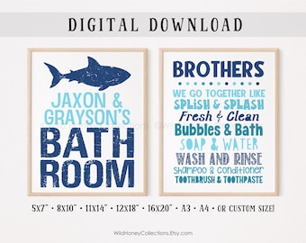 Personalized Shark Bathroom Art: Brothers Decor (Digital Download)