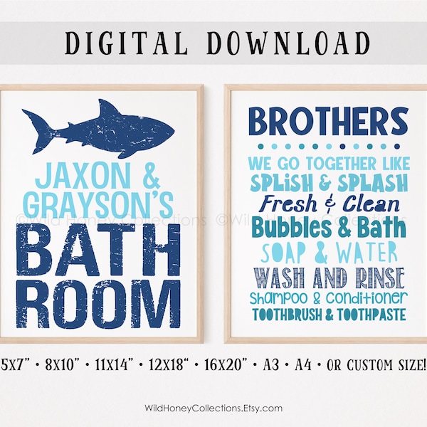 Personalized Navy & Aqua Bathroom, Shark Printable Decor, Brothers, Shark Wall Art, Blue Bathroom, Kids Bathroom Wall Art, DIGITAL DOWNLOAD