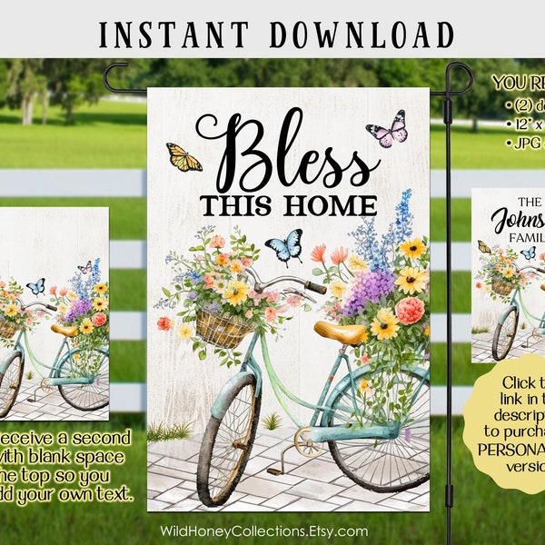 Bless This Home Bicycle Flowers Garden Flag Design, Butterflies, Sublimation Graphics, Printable Art, JPG & PNG, Instant Digital Download