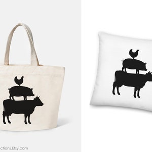 May include: A white tote bag with a black silhouette of a cow, pig, and chicken stacked on top of each other. The design is simple and modern.