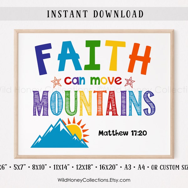 Faith Can Move Mountains, Matthew 17:20 , Kid Room Printable Wall Art, Rainbow Colors, Bright Colors, Playroom, INSTANT DOWNLOAD