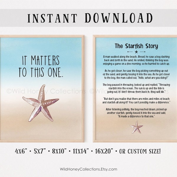 The Starfish Story, It Matters To This One, Printable Decor, Set of 2, Beach Wall Art, Coastal Decor, INSTANT DIGITAL DOWNLOAD