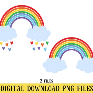 May include: Two digital download PNG files of a rainbow with clouds and hearts. The rainbow is red, orange, yellow, green, blue, indigo, and violet. The clouds are light blue. The hearts are red, orange, yellow, green, blue, purple, and pink.