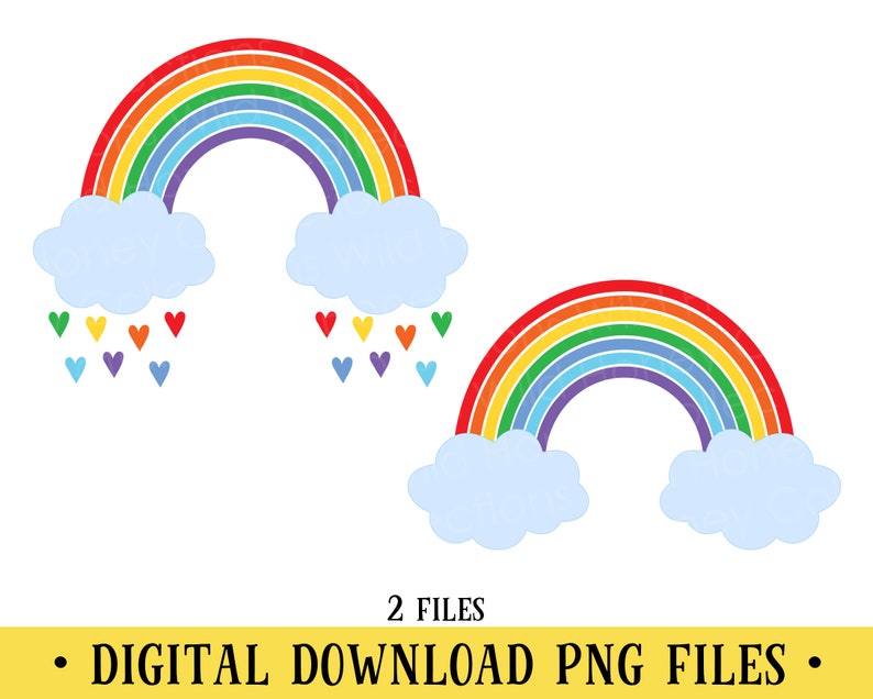 May include: Two digital download PNG files of a rainbow with clouds and hearts. The rainbow is red, orange, yellow, green, blue, indigo, and violet. The clouds are light blue. The hearts are red, orange, yellow, green, blue, purple, and pink.