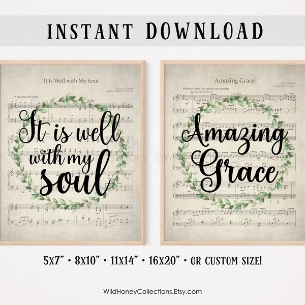 Amazing Grace, It Is Well With My Soul, Printable Farmhouse Wall Decor, Vintage Sheet Music, Christian Song, INSTANT DIGITAL DOWNLOAD