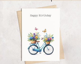 May include: A printable 5x7 inch birthday card with a blue bicycle illustration. The card features a bicycle with baskets of colorful flowers, two butterflies, and the text "Happy Birthday". The words "DIGITAL DOWNLOAD - print now!" are at the top.