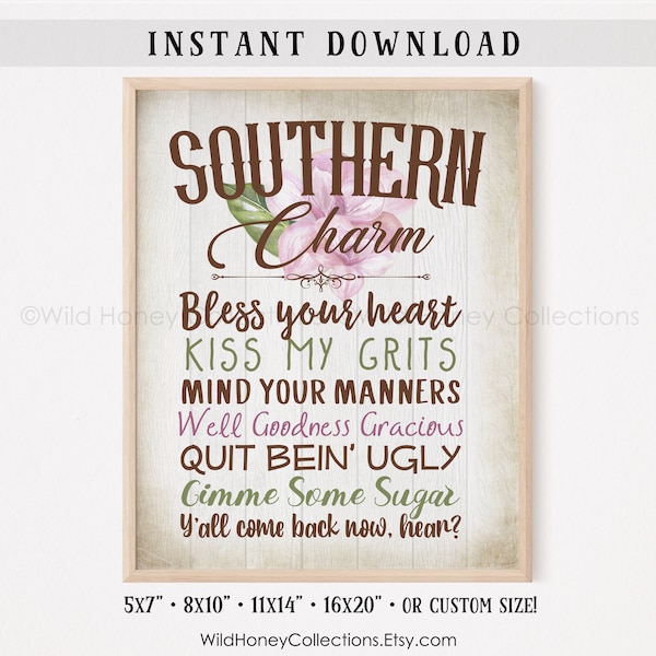 Southern Sayings, Southern Quotes, Printable Wall Art, Printable Decor, Bless Your Heart, Kiss My Grits, INSTANT DOWNLOAD