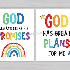 May include: Two colorful printable wall art prints with rainbow designs. The first print says "God Always Keeps His Promises" with a rainbow and heart. The second print says "God Has Great Plans For Me" with a star.