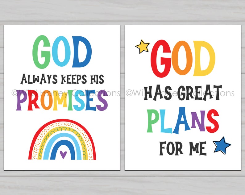 May include: Two colorful printable wall art prints with rainbow designs. The first print says "God Always Keeps His Promises" with a rainbow and heart. The second print says "God Has Great Plans For Me" with a star.