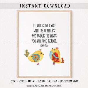 He Will Cover You With His Feathers, Psalm 91:4, Printable Wall Art, Cute Birds, Scripture, Bible Verse, INSTANT DIGITAL DOWNLOAD